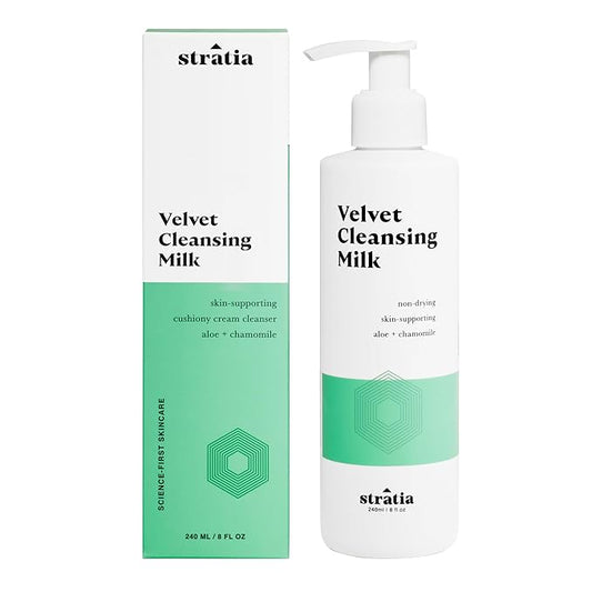 Stratia Velvet Cleansing Milk - Gentle Cream Face Cleanser, Moisturizing & Non-Foaming with Chamomile, Olive Oil & Aloe Vera, 8 Fl Oz