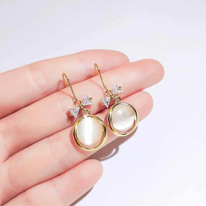 Vintage Circle Drop Earring Gold Cat Eye Stone Earrings Dangle Chalcedony Earrings with Bowknot Earrings Jewelry for Women and Teen Girls