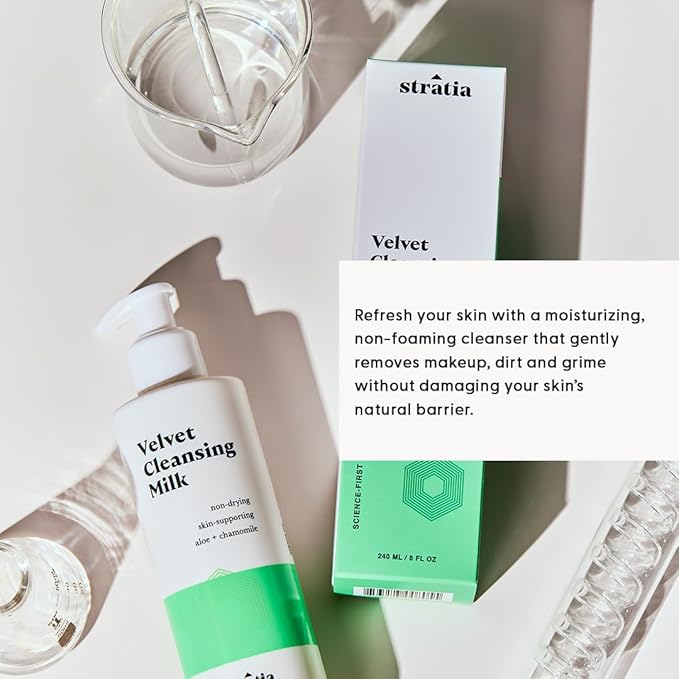 Stratia Velvet Cleansing Milk - Gentle Cream Face Cleanser, Moisturizing & Non-Foaming with Chamomile, Olive Oil & Aloe Vera, 4 Fl Oz