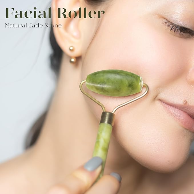 BAIMEI Jade Roller & Gua Sha, Face Roller, Facial Beauty Roller Skin Care Tools, Self Care Gift for Men Women, Massager for Face, Eyes, Neck, Relieve Fine Lines and Wrinkles - Green