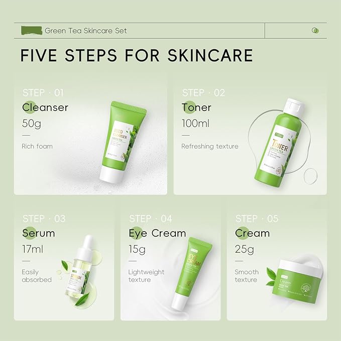 Green Tea Skincare Set, 5 Pcs Skincare Gift Set with Cleanser, Face Serum, Face Cream, Eye Cream, Toner , Skincare Kits For Teen Girls, Hydrating Facial Kit For Women