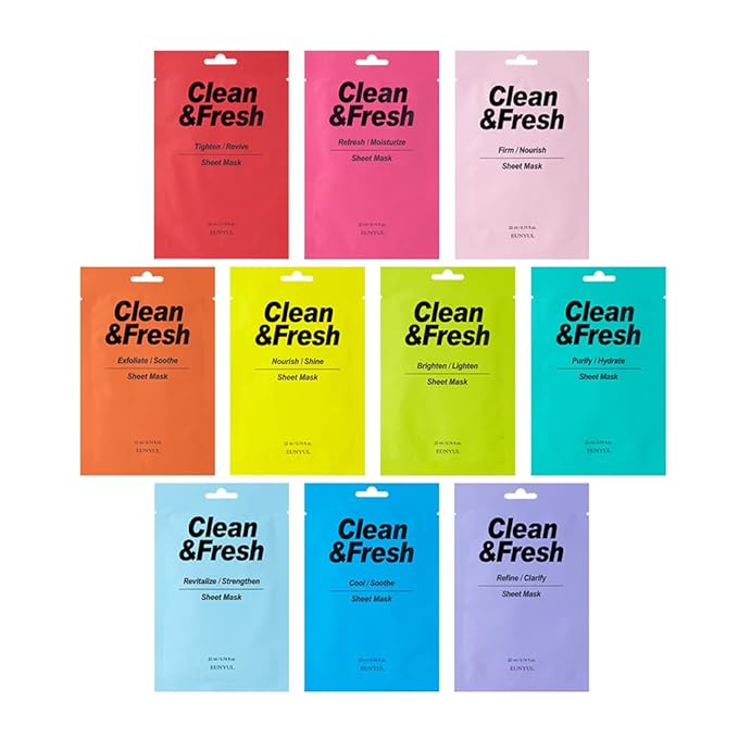 EUNYUL [PACK OF 10] Clean & Fresh Sheet Mask 22 ml / 0.74 fl.oz. 10 types Korean Sheet Mask Bundle Pack For All Skin Type Face Mask Pack