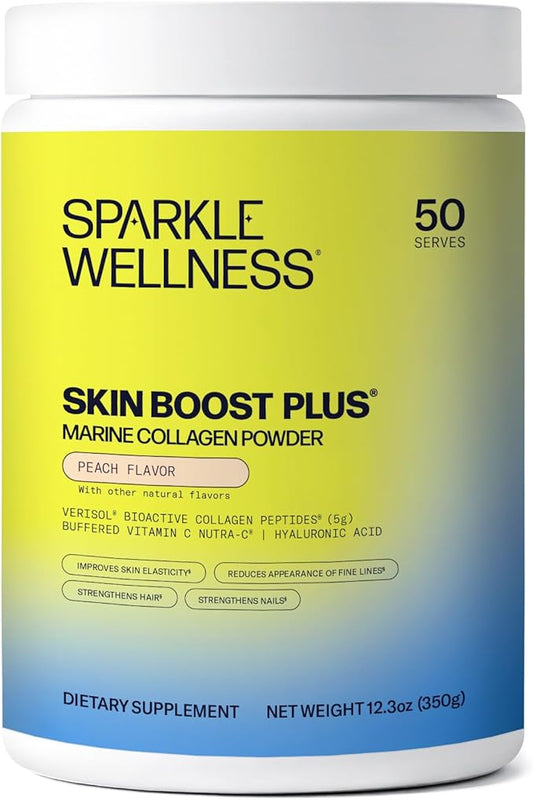 Sparkle Wellness Marine-derived VERISOL Bioactive Hydrolyzed Collagen Peptides | Collagen Powder Supplement with Vitamin C & Hyaluronic Acid | Marine Skin Boost Plus (Peach) [50-Serves]