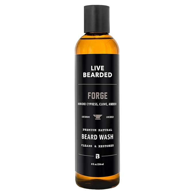 Live Bearded Beard Wash, 8 fl oz - Water-Based Face Cleanser with All-Natural Ingredients for a Gentle, Deep Clean - Made in the USA | Forge Scent - Hinoki Cypress, Clove, Amber
