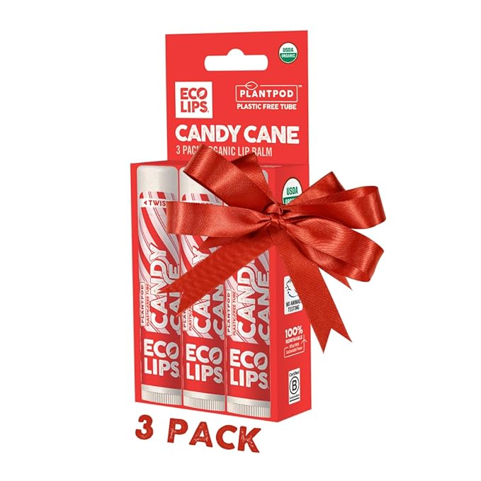 Eco Lips Organic Candy Cane Moisturizing Lip Balm - Organic Coconut Oil and Sunflower Wax - Soothe, Moisturize Dry, Cracked and Chapped Lips - 100% Plastic-Free Plant Pod Packaging - Made in USA