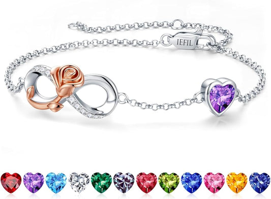 Iefil Infinite Rose Birthstone Bracelet for Women, 925 Sterling Silver Charm Link Birthstone Bracelet, Anniversary Birthday Gifts for Women, Mothers Day Valentines Christmas Gifts for Wife Girlfriend