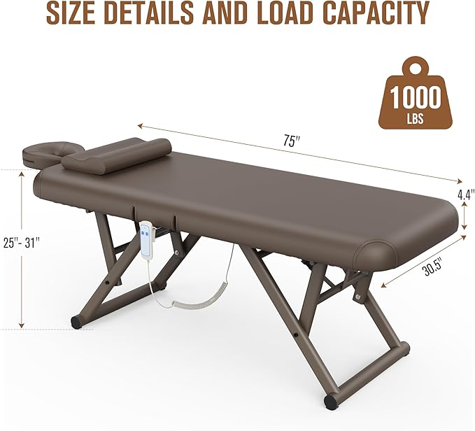 Dolonm Height Adjustable Massage Table with Face Pillow & Headrest for Treatment Table, Physical Therapy Table, Spa Facial Professional Massage Bed - Adjustable Backrest, Electric Leg Lifting, Brown