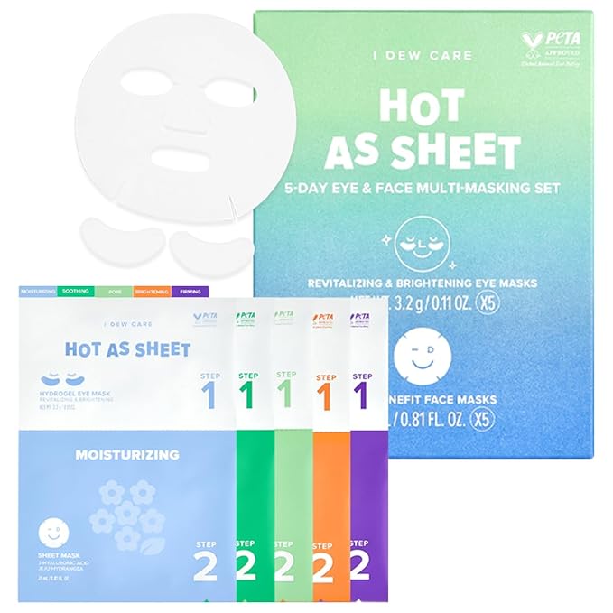 I DEW CARE Collagen Sheet Mask Variety Pack with Eye Patches - 5Days Face Masks Skincare Korean | Hydrating Collagen Face Mask, Moisturizing Skin Care, Sheet Masks for Women, Facial Skincare Pack, 5EA