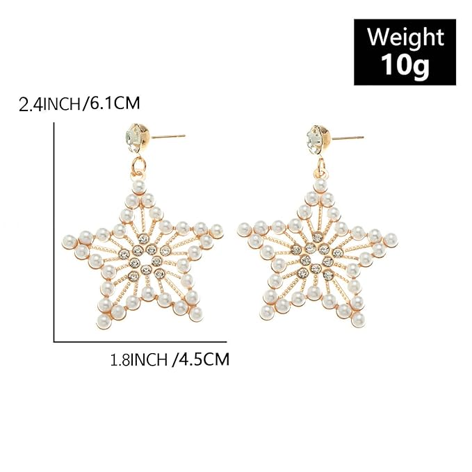 Vintage Pearl Star Drop Earrings Crystal Star Dangle Earrings Gold Rhinestone Stud Earrings Bohemian Large Star Statement Earrings Jewelry for Women and Girls Gifts