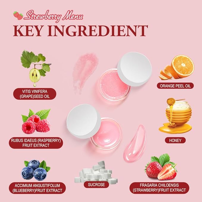 Strawberry Lip Scrub And Mask Set, Sugar Exfoliator Lip Scrub For Dark Lips To Lighten, Lip Care Kit, Sleeping Lip Mask, 1.4 oz / 2-piece