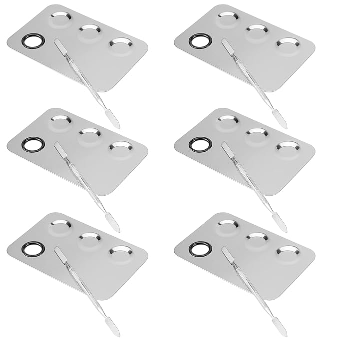 6 Pack 6 x 4 Inch Stainless Steel Cosmetic Palette with Spatula, 3-well Mixing Makeup Palette Nail-art Mixer Metal Tray for Foundation, Pigment, Nail Polish Blending, Silver