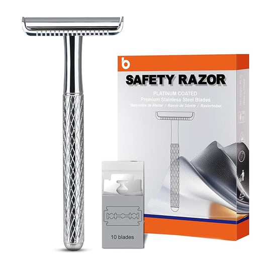 Shiny Silver Double Edge Safety Razor, Single Blade Razors for Men and Women, with 10 Stainless Steel Safety Razor Blades, Reusable, Smooth and Close Wet Shaving Kit, Plastic Free