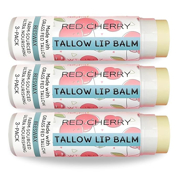 Tallow Lip Balm by Cattle Creek – Organic, All-Natural Ingredients, Long-Lasting Moisture and Hydration for Dry, Cracked, and Chapped Lips, Soothing Formula for Soft Skin (Pack of 3, Red Cherry)