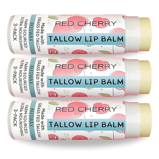Tallow Lip Balm by Cattle Creek – Organic, All-Natural Ingredients, Long-Lasting Moisture and Hydration for Dry, Cracked, and Chapped Lips, Soothing Formula for Soft Skin (Pack of 3, Red Cherry)