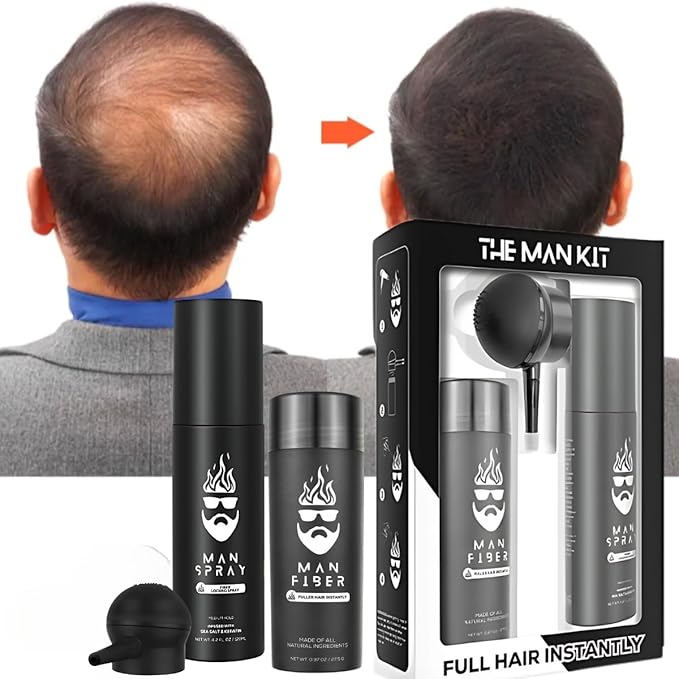 THE MAN KIT | Hair Set - Hair Thickening Fibers (Black), Hair Fiber Locking Spray + Applicator Fiber Pump to create Natural looking Fuller Hair and Beard | Man Card Included.