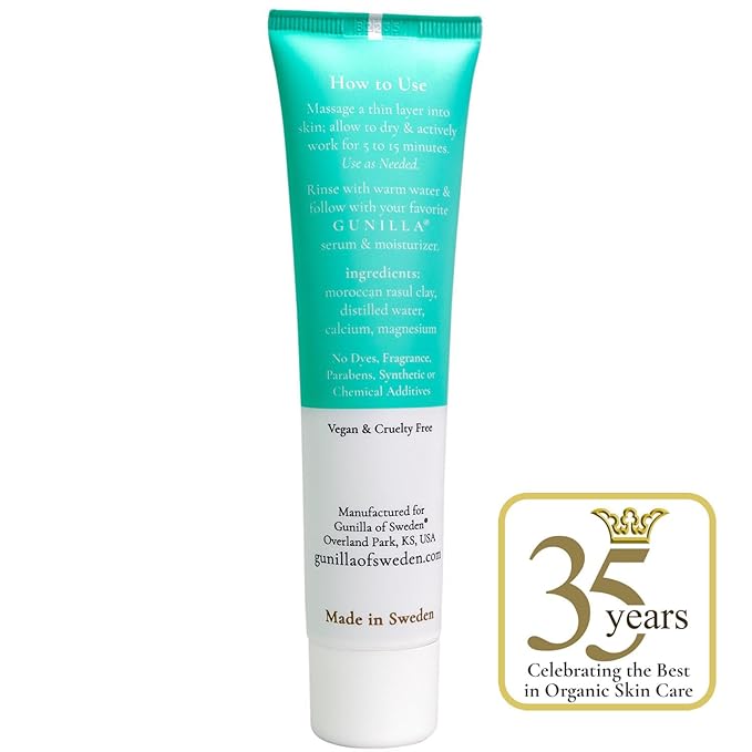 GUNILLA Skin Perfecting Clay Mask, Vegan, No Additives, 3-in-1 Deep Pore Cleansing Facial Mask, Refining, Detox & Spot Treatment, All-Natural, Pro-Grade, 35 Clay Masks 2.5 fl oz - Made in Sweden.