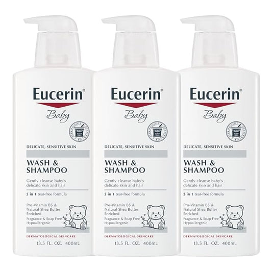 Eucerin Baby Unscented Baby Shampoo and Body Wash, Hypoallergenic, Tear Free Shampoo and Wash with Pro-Vitamin B5 and Shea Butter, 13.5 Fl Oz Bottle 3 pack