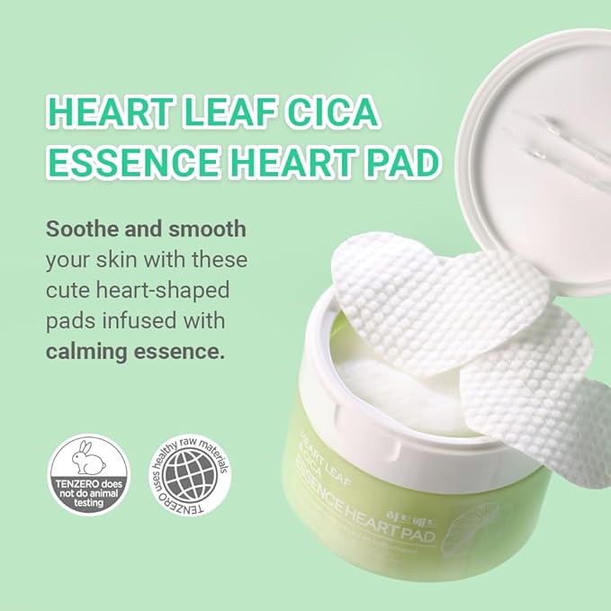 TENZERO Heart Leaf CICA Essence Heart Pad (50 Count, 150g), Redness Relief Soothing Pore Care for Sensitive Skin, Korean Facial Toner Pads, Hydrating & Refreshing, Centella