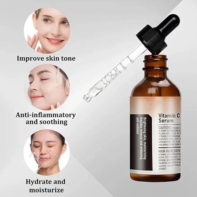 Vitamin C Serum For Face, Anti Aging Face Serum with Vitamin C, Hyaluronic Acid, Vitamin E – Brightening Formula – Improve Appearance of Dark Spots, Tone, Fine Lines & Wrinkles (2Pcs)