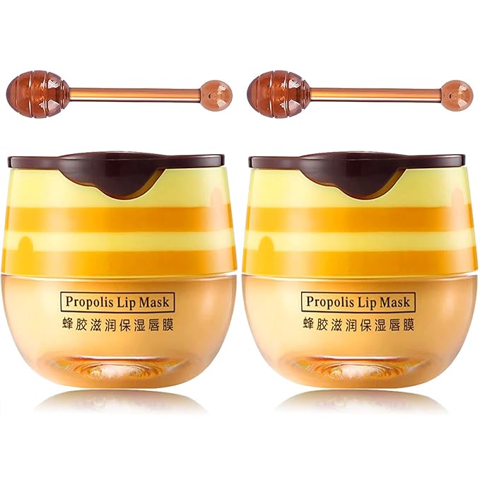 Bee Lip Mask Balm Honey Pot, 2PCS Honey Lip Sleeping Mask Hydrating Prevention Dry and Cracked Lip Scrubs Exfoliator, Overnight Lip Mask Reduces Lip Lines