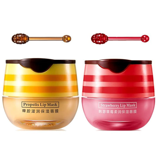 2 Pcs Lip Balm Honey Pot,Honey & Strawberry Lip Mask Propolis Moisturizing Lip Balm with Stick,Prevention Dry and Cracked Lip Scrubs,Exfoliator Lip Wrinkle Skin Care Products