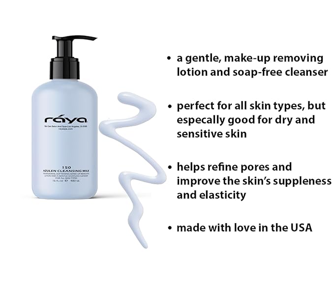 Raya Azulen Facial Cleansing Milk 16 oz (150) | Calming and Refining, Soap-Free Fluid Cleanser and Make-Up Removing Lotion | Made with Azulene Extract and Aloe Vera | Great for Sensitive Skin
