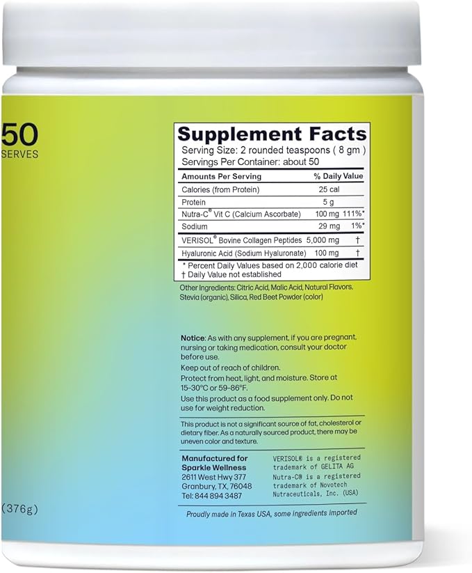 VERISOL Bioactive Hydrolyzed Collagen Peptides | Collagen Powder with Vitamin C & Hyaluronic Acid for Hair, Skin, and Nail Health | Skin Boost Plus (Acai Lemonade) [50-Serves]