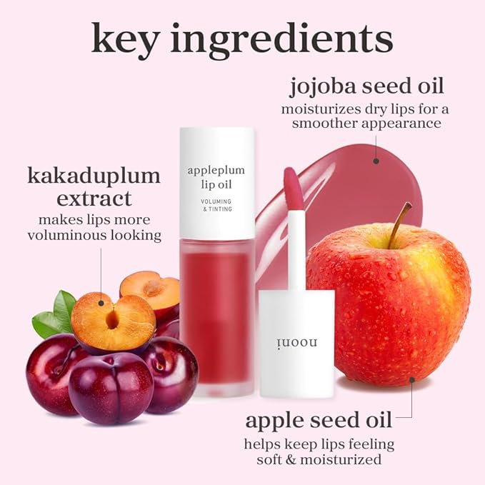 NOONI Korean Lip Oil - Appleplum | Long-Lasting, Moisturizing, Plumping, Revitalizing for Dry Lips, Waterproof, No Peel Off, Korean Tint, Hydrating, Nourishing Crystal Clear, 0.12 FL Oz