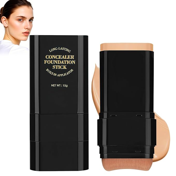 2PCS Long-Lasting Concealer Foundation Stick, Full Coverage Foundation Stick, 2-in-1 Contouring foundation with Brush, Cover Blemishes for All Skin Types (05#Dark Wheat)