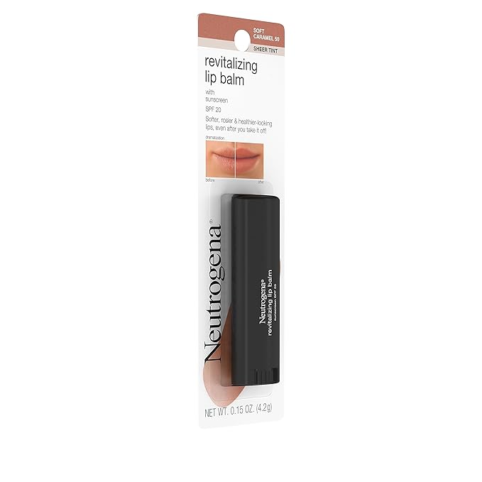 Neutrogena Revitalizing and Moisturizing Tinted Lip Balm with Sun Protective Broad Spectrum SPF 20 Sunscreen, Lip Soothing Balm with a Sheer Tint in Color Soft Caramel 50,.15 oz