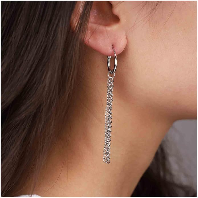 Vintage Layered Chain Dangle Earrings Long Chain Hoop Huggie Earrings Silver Curb Chain Stud Earrings Tassel Chain Drop Earrings Jewelry for Women