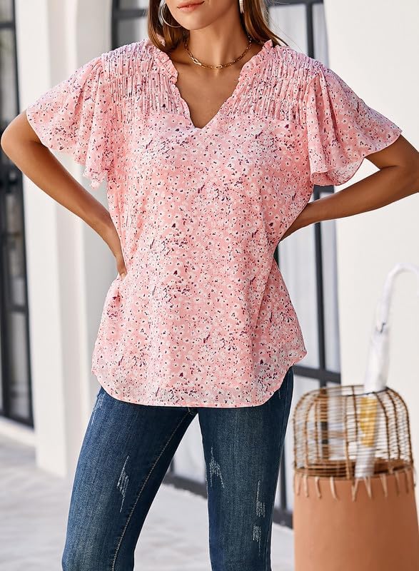 SHEWIN Women's Casual V Neck Floral Print Smocked Short Sleeve Chiffon Blouses Bohemian Top Shirts