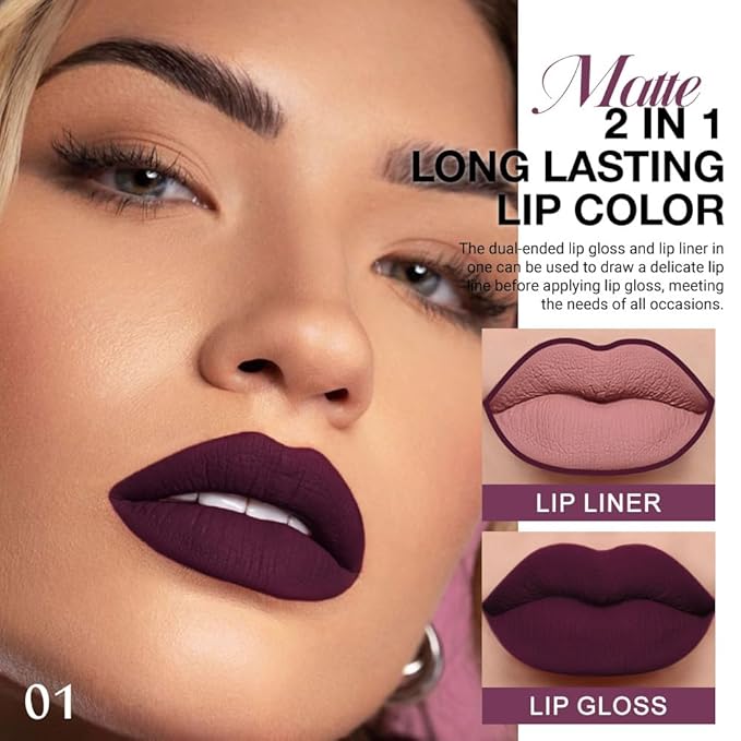 evpct 1Pcs Dark Purple Plum Matte Lip Liner and Liquid Lipstick Stain Makeup Set for women, Purple Long Lasting Smudge Proof Lipstick labiales matte mate larga duracion listip 24 hours originales,01#