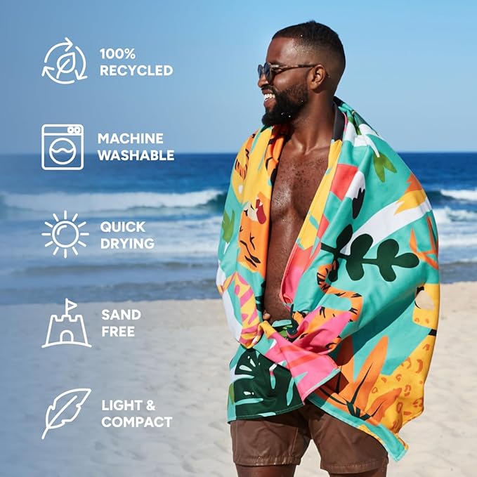 Dock & Bay Beach Towel - Quick Dry, Sand Free - Compact, Lightweight - 100% Recycled - Includes Bag - Wild Things - Extra Large (200x90cm, 78x35)