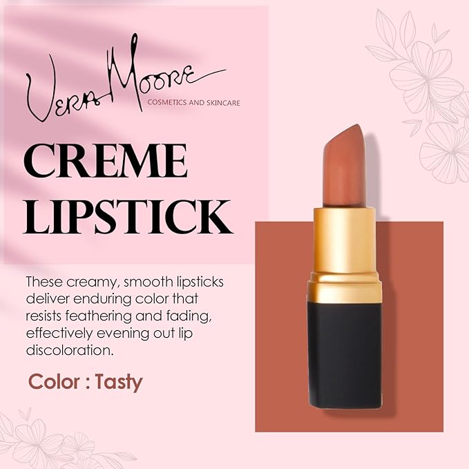 Vera Moore Creme Lipstick, Long Lasting, Lightweight, Moisturizing Opaque Color with Staying Power, Fragrance, and Paraben Free Cosmetics Soft Lipstick (Tasty)