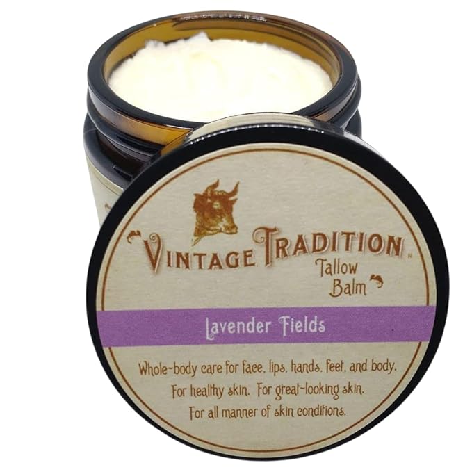 Vintage Tradition Beef Tallow All Purpose Balm - Healing, Hydrating Lavender Skin Care Salve Replaces Body Lotion, Hand Cream, More - Essential Oil, Olive Oil, and Grass-Fed Tallow, 2 fl. oz.