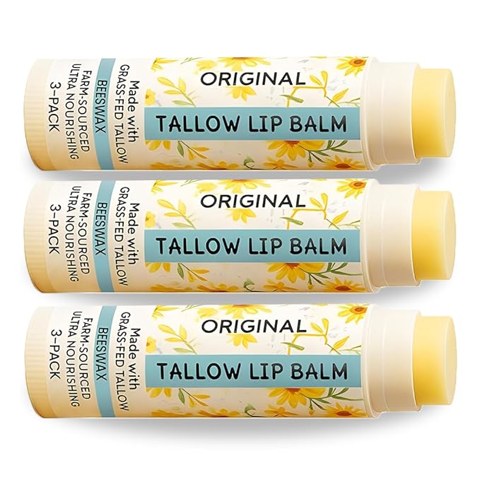 Tallow Lip Balm by Cattle Creek – Organic, All-Natural Ingredients, Long-Lasting Moisture and Hydration for Dry, Cracked, and Chapped Lips, Soothing Formula for Soft Skin (Pack of 3, Original)