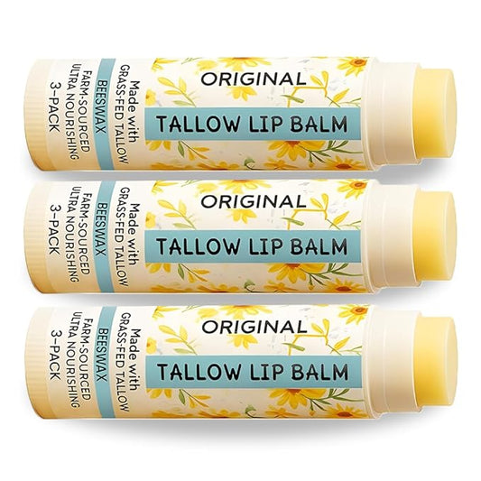 Tallow Lip Balm by Cattle Creek – Organic, All-Natural Ingredients, Long-Lasting Moisture and Hydration for Dry, Cracked, and Chapped Lips, Soothing Formula for Soft Skin (Pack of 3, Original)