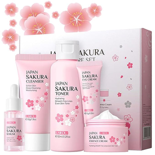 Sakura Skincare Gift Set, Skin Care Travel Kit with Cleanser, Toner, Serum, Eye Cream, Face Cream for Women Girls (5pcs)