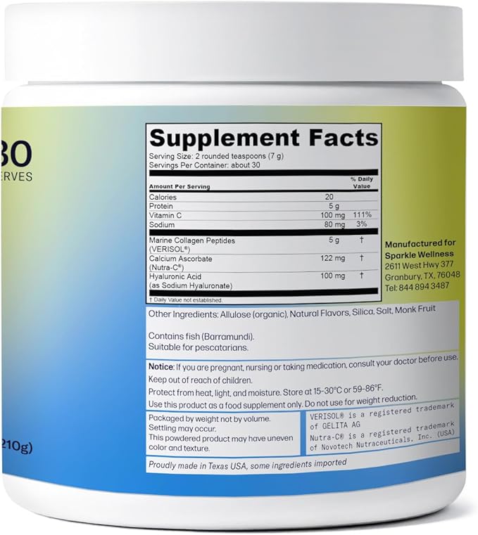 Sparkle Wellness Marine-derived VERISOL Bioactive Hydrolyzed Collagen Peptides | Collagen Powder Supplement with Vitamin C & Hyaluronic Acid | Marine Skin Boost Plus (Vanilla) [30-Serves]