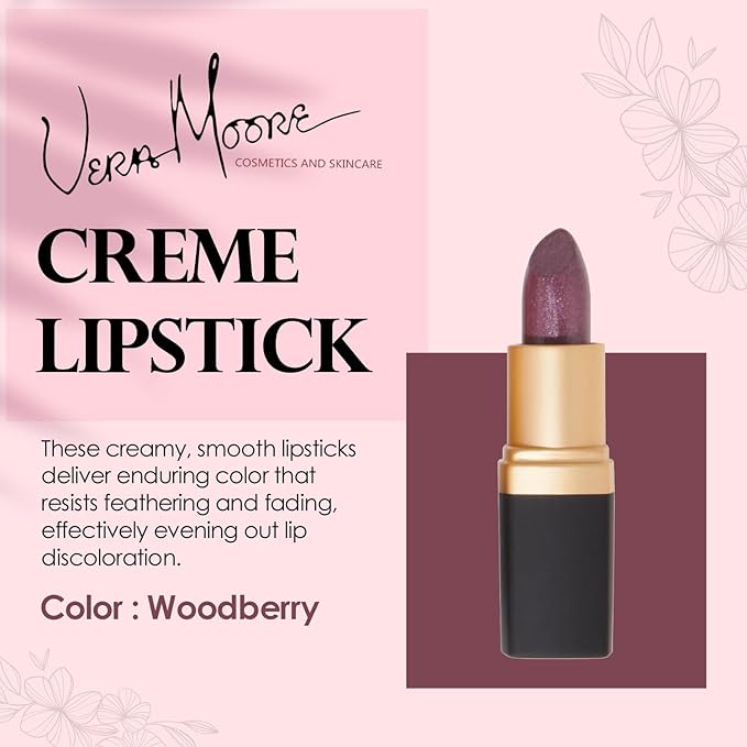Vera Moore Creme Lipstick, Long Lasting, Lightweight, Moisturizing Opaque Color with Staying Power, Fragrance, and Paraben Free Cosmetics Soft Lipstick (Woodberry)