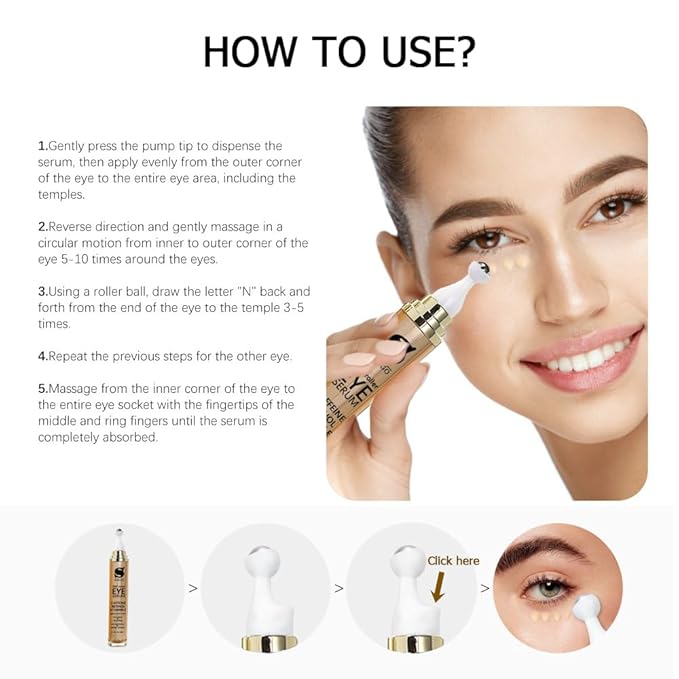 Caffeine Eye Serum Anti Aging, Retinol Eye Serum with 360° Massage Ball for Dark Circles and Puffiness, Deeply Moisturizing, Firms and Lifts Eye Skin, Enhance Skin Elasticity, Smooth Fine Lines