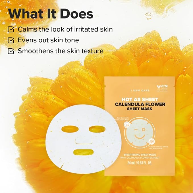 I DEW CARE Calendula Sheet Face Mask - Korean Skincare for Hydrating and Calming Skin | Face Masks with Calendula Extract & Niacinamide, Moisturizing Korean Skin Care, Sheet Masks for Women, 10EA
