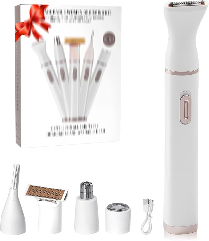 Women Face Epilator, 5 in 1 Epilator Hair Removal for Women, Electric Rechargeable Facial Hair Divice for Face,Lip,Chin with 5 x Replacement Heads, Nose Trimmer for All Skin Types