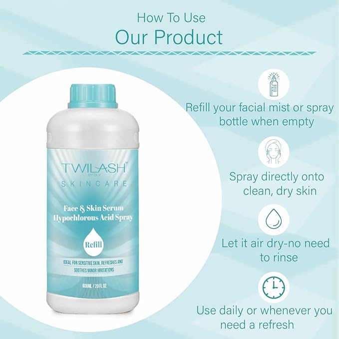 Hypochlorous Acid Spray 600ml Refill | HOCl Face & Skin Cleanser | Facial Mist, Acne & Eczema Relief, Tattoo & Piercing Aftercare | Eyelid Lash Cleanser | Alcohol-Free pH-Balanced Toner