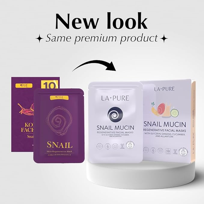 Snail Mucin Mask – 10ct Korean Sheet Mask Pack for Signs of Aging, Aid Skin Repair & Hydration – Pure Snail Mask for Face with Collagen & Hyaluronic Acid – Cruelty-Free Hydrating Sheet Mask