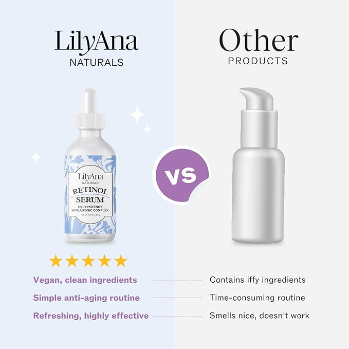 LilyAna Naturals Retinol Serum - Made in USA, Anti Aging Face Serum with Hyaluronic Acid and Vitamin E, Reduces Age Spots and Sun Damage, Promotes Collagen and Elastin (Retinol, 1oz)