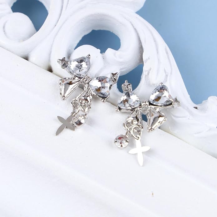 Vintage Crystal Bow Earrings Black Onyx Stud Earrings Silver Tiny Cross Drop Earrings Sparkly Cz Rhinestone Bow Earrings Jewelry for Women