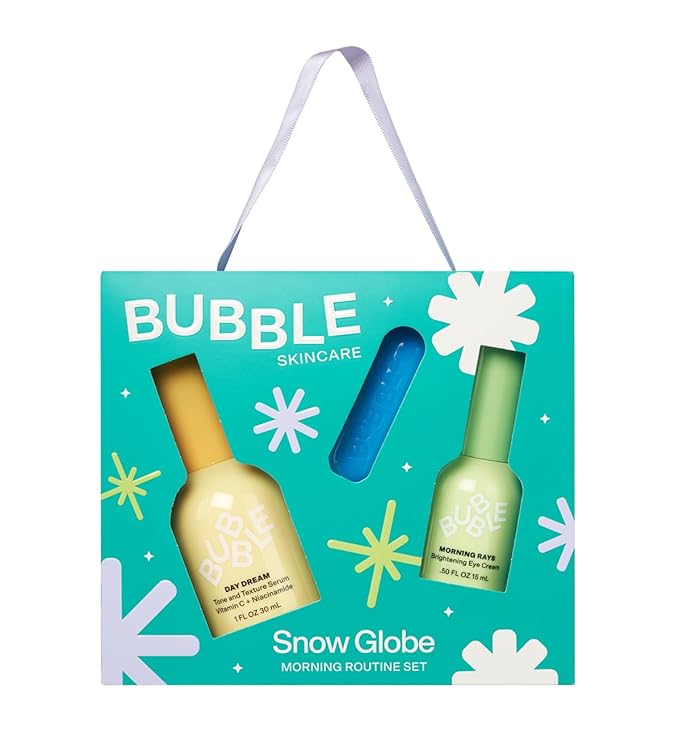 Bubble Skincare Snow Globe Morning Routine Travel Skincare Set - Gift Set Includes Day Dream Vitamin C Serum, Morning Rays Under Eye Serum & Tell All Minty Lip Balm (3 Count)