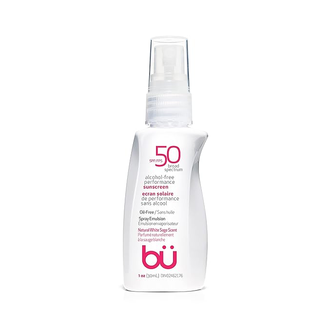 BU SPF 50 Sunscreen Spray for Face and Body, TSA Travel Size Sunscreen, Clear, Non Greasy, Water Resistant, for Sensitive Skin, White Sage 1 oz